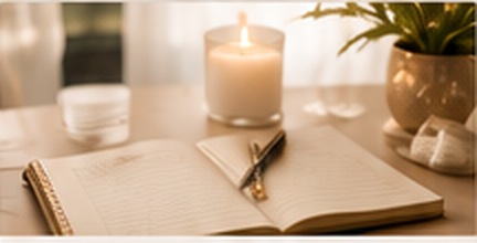 An open journal beside a lit candle